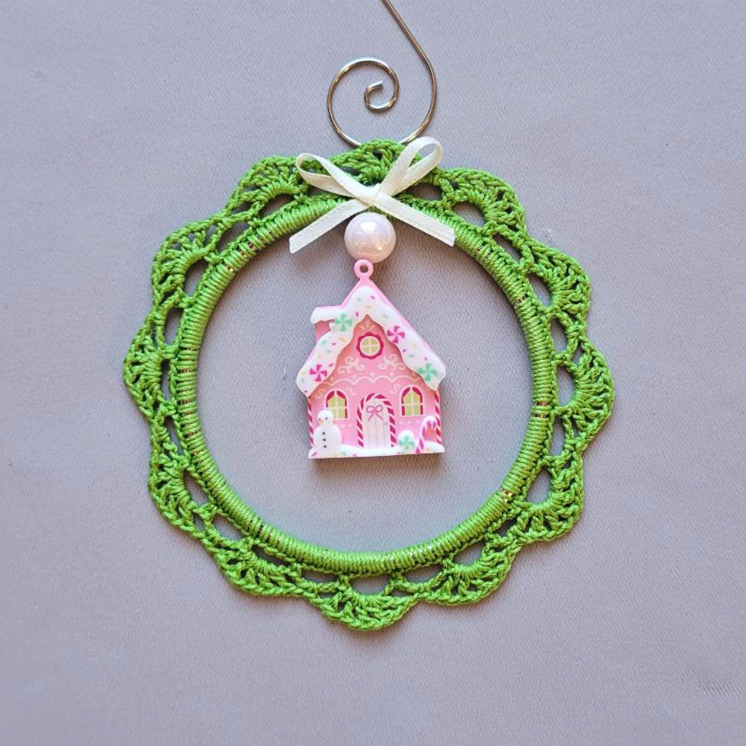 Pink Gingerbread House Wreath Ornament