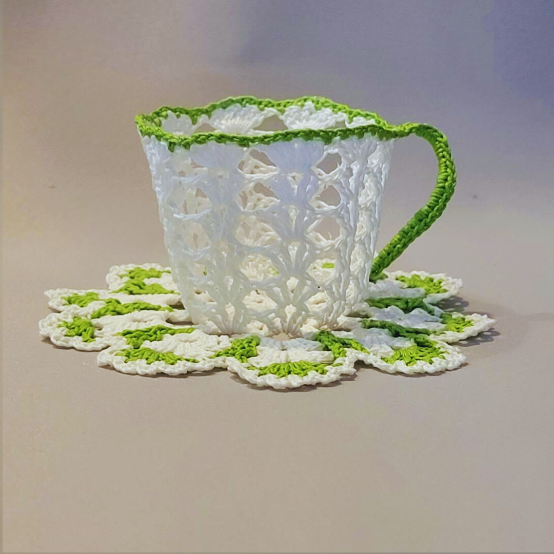 White Teacup with Spring Green Trim