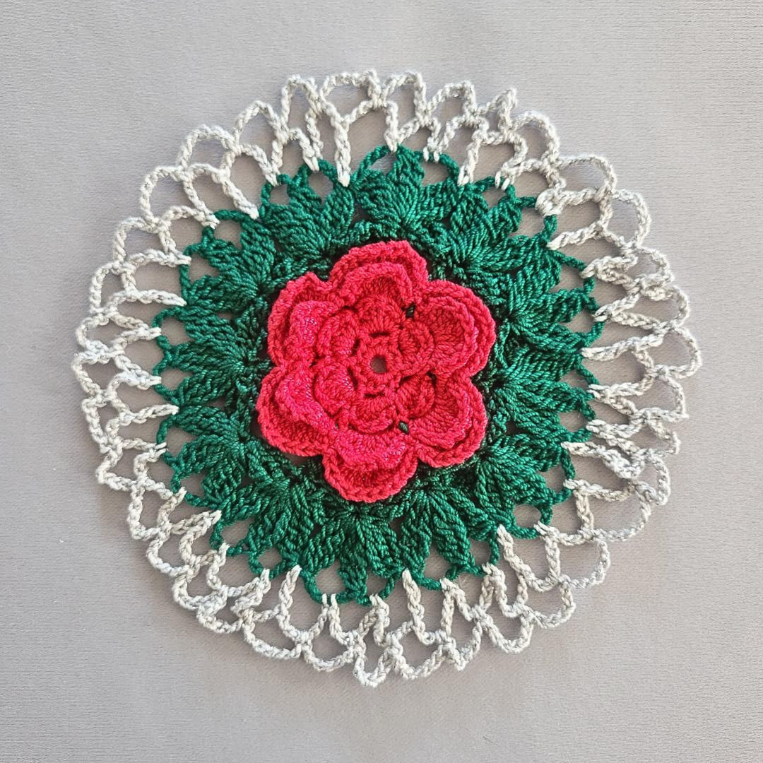 Single Rose on Silver 6" Doily