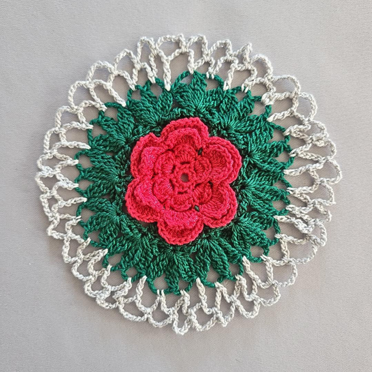 Single Rose on Silver 6" Doily