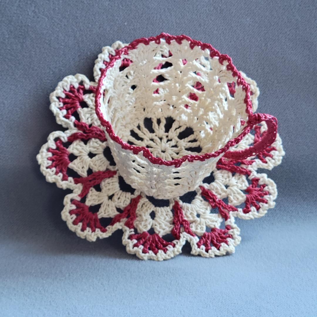 Ecru Lacy Teacup with Red Trim
