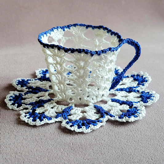 White Lacy Teacup with Blue Trim