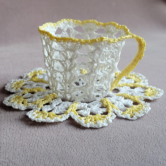 White Lacy Teacup with Yellow Trim