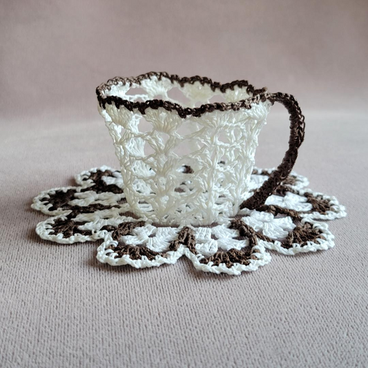 White Lacy Teacup with Brown Trim