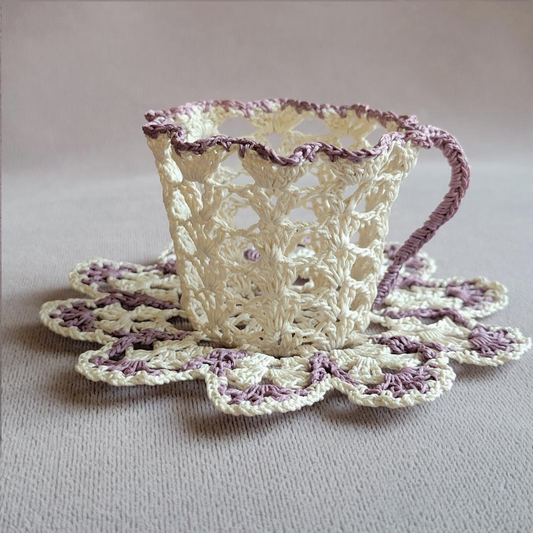 Ecru Lacy Teacup with Wavy Light Plum Trim