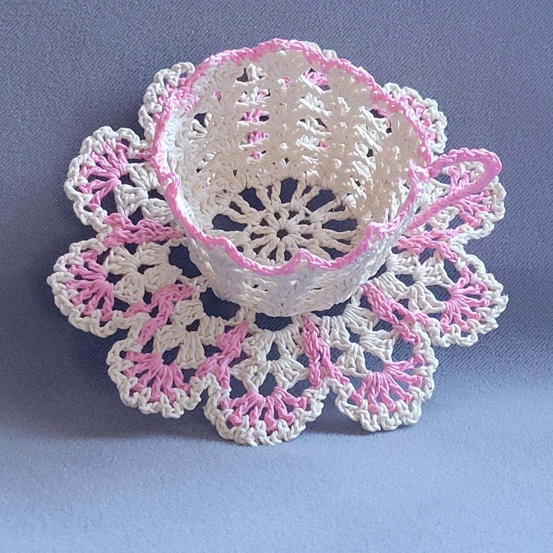 Ecru Lacy Teacup with Pink Trim