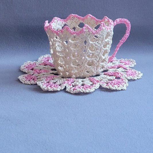 Ecru Lacy Teacup with Pink Trim