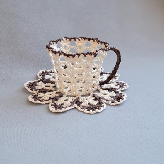 Ecru Lacy Teacup with Brown Trim